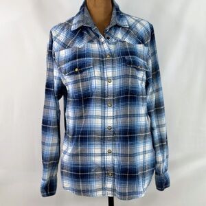 Jachs‎ Girlfriend Blue Plaid Flannel Shirt Medium Snap Button Western Top